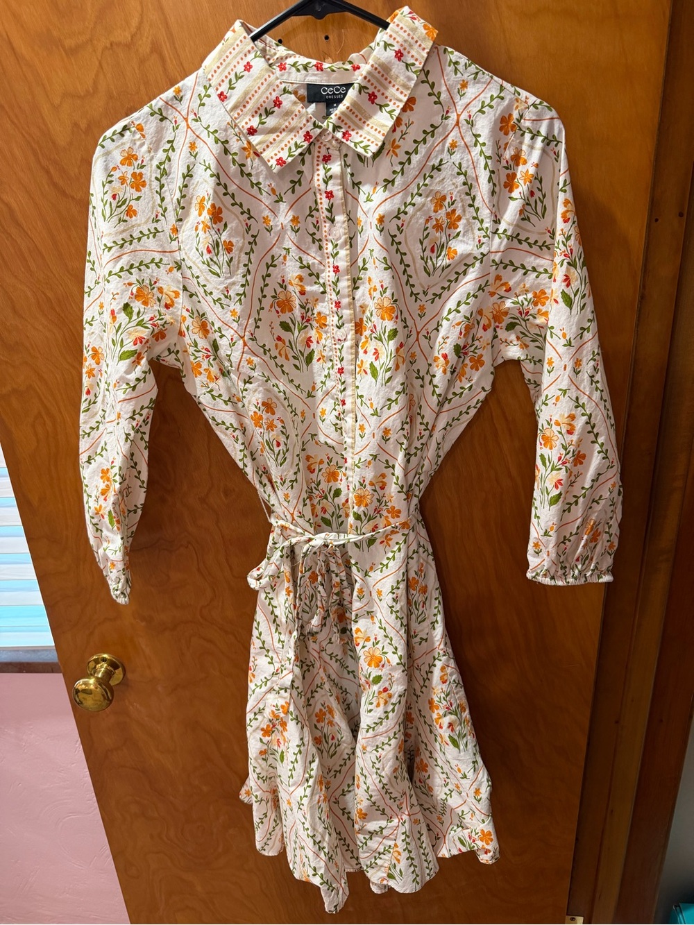 CeCe Cream Floral Button-Front Dress with Tie Waist